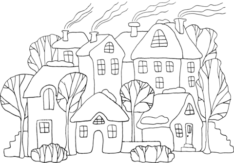 Town Houses In Winter Coloring Page